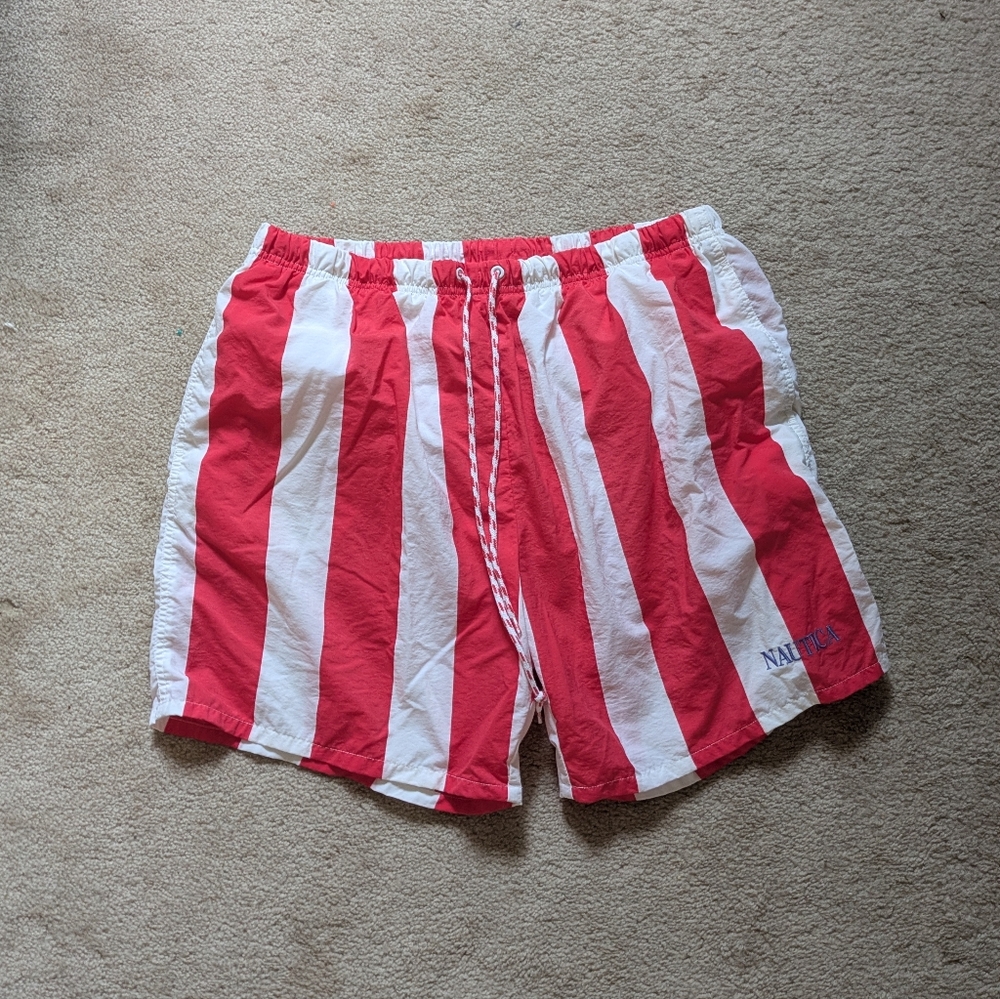 Vtg Nautica Red and White Vertical Striped Trunks - Billy Stranger Things Vibe